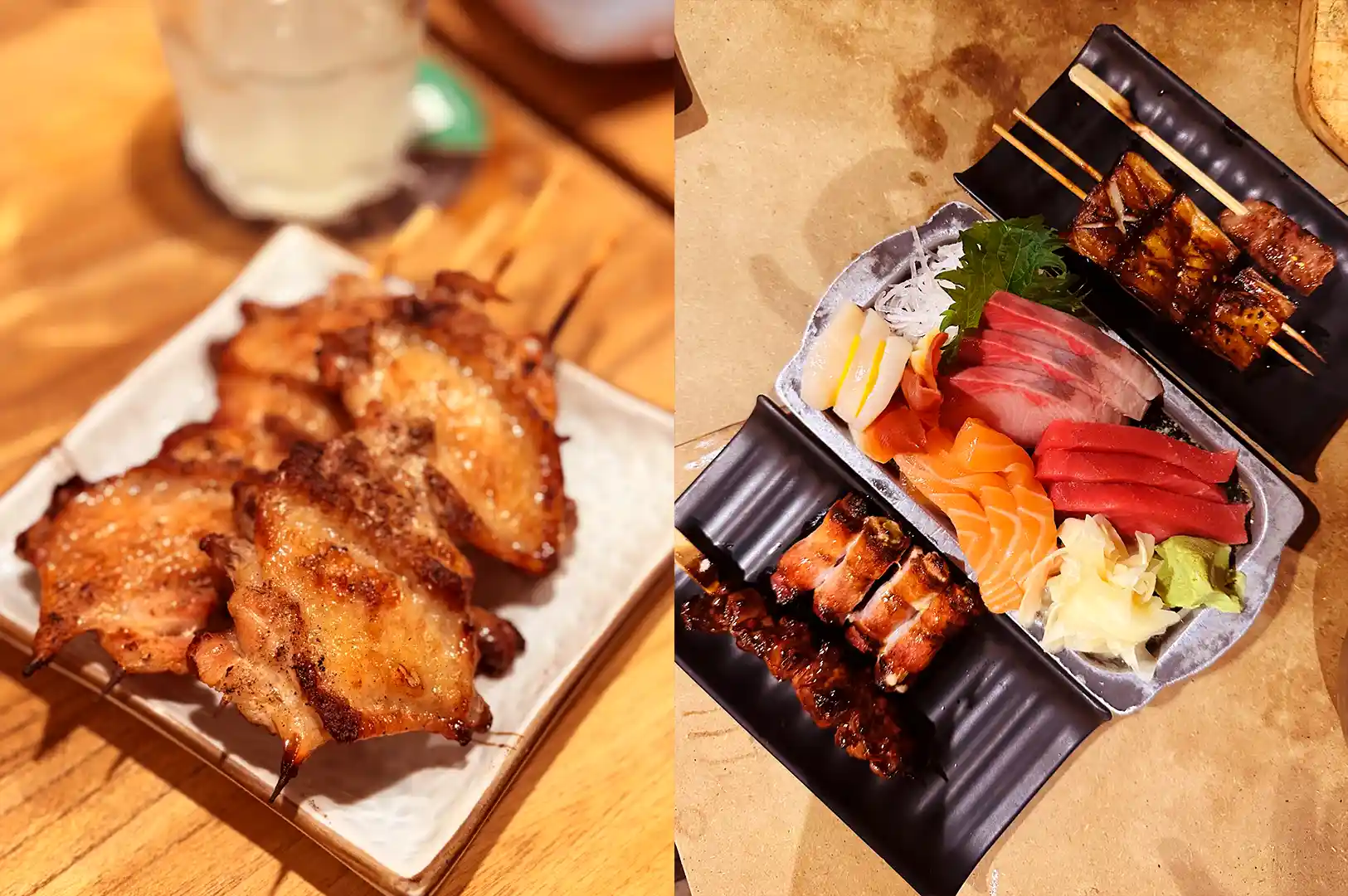 Grilled yakitori chicken wings and a platter of fresh sashimi slices paired with grilled skewers at ShuKuu Izakaya.