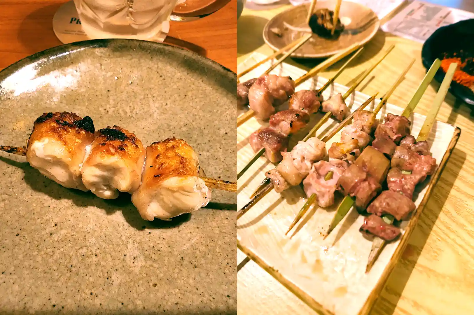 Left: A single grilled Chicken oyster skewer with crispy charred skin served on a ceramic plate; Right: Platter of various chicken skewers including liver and heart.