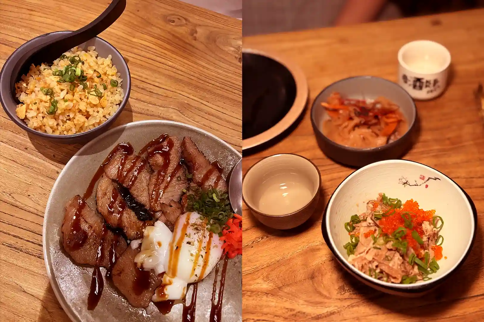 Table layout with garlic fried rice, pork jowl slices topped with an Onsen egg, and small Japanese appetizers served with sake.