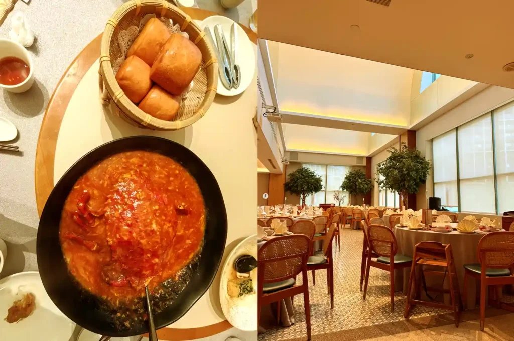 Left: Bowl of hot tom yum fish soup with egg floss and vegetables; Right: Storefront of You Yi Fish Soup stall featuring yellow menu boards and queuing patrons.
