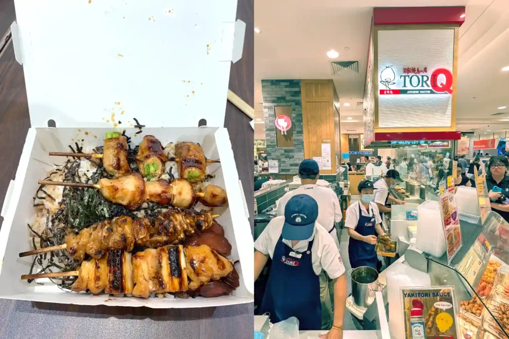 Left: Open takeaway bento box filled with rice, nori, and charcoal-grilled yakitori skewers; Right: TORI-Q kiosk counter staff preparing yakitori takeaway orders.