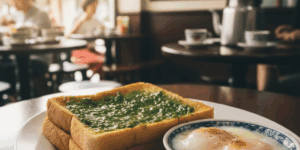 Kaya toast with soft-boiled eggs served at a traditional Singapore café, a popular local breakfast dish showcasing authentic Singaporean flavours.